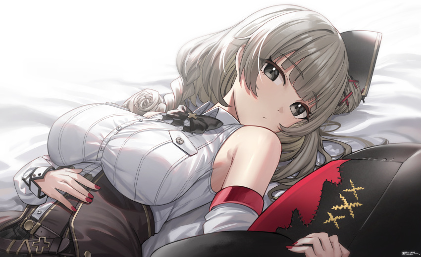 1girl absurdres azur_lane belt black_bow black_headwear black_skirt bow braid breast_pocket breasts collared_shirt detached_sleeves drill_locks eyebrows_visible_through_hair hand_on_own_stomach hat highres jeze large_breasts long_hair looking_at_viewer lutzow_(azur_lane) lying mini_hat nail_polish necktie on_bed platinum_blonde_hair pocket shirt skirt stuffed_toy white_shirt