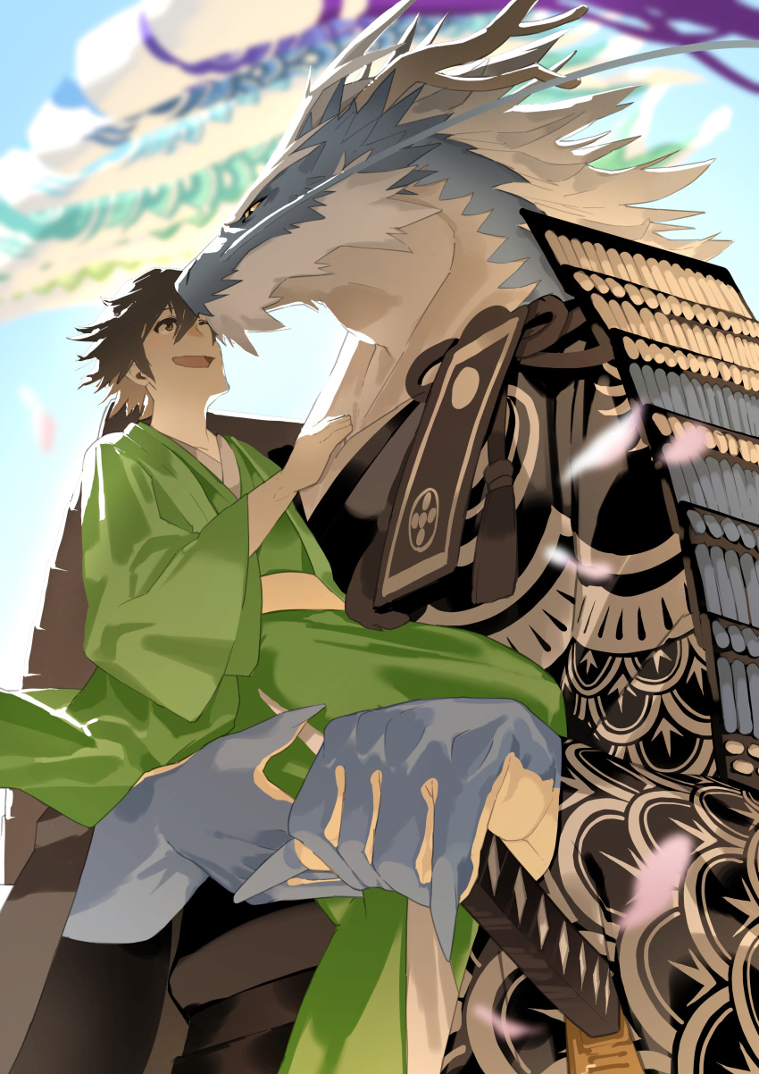 absurd_res anthro asian_clothing asian_mythology blue_body carrying carrying_partner clothing dera_kimidori dragon duo east_asian_clothing east_asian_mythology eastern_dragon eye_contact hair hi_res holding_partner horn human human_on_anthro interspecies intimate japanese_clothing katana kimono larger_anthro larger_male long_hair looking_at_another male male/male mammal melee_weapon multicolored_body muscular muscular_anthro muscular_male mythology open_mouth romantic romantic_couple samurai scalie size_difference smaller_human smaller_male smile sword warrior weapon whiskers white_body white_hair