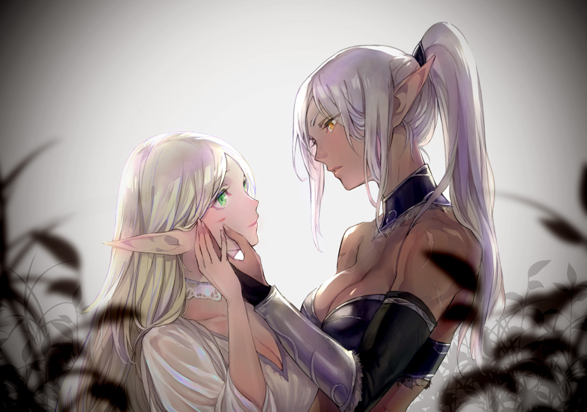 2girls backlighting bare_shoulders blonde_hair breasts cleavage collarbone commentary dark-skinned_female dark_skin elf eye_contact from_side green_eyes grey_hair hand_on_another's_cheek hand_on_another's_face hand_on_another's_hand large_breasts long_hair looking_at_another multiple_girls orange_eyes original parted_lips pointy_ears ponytail profile smile t_misaomaru upper_body yuri