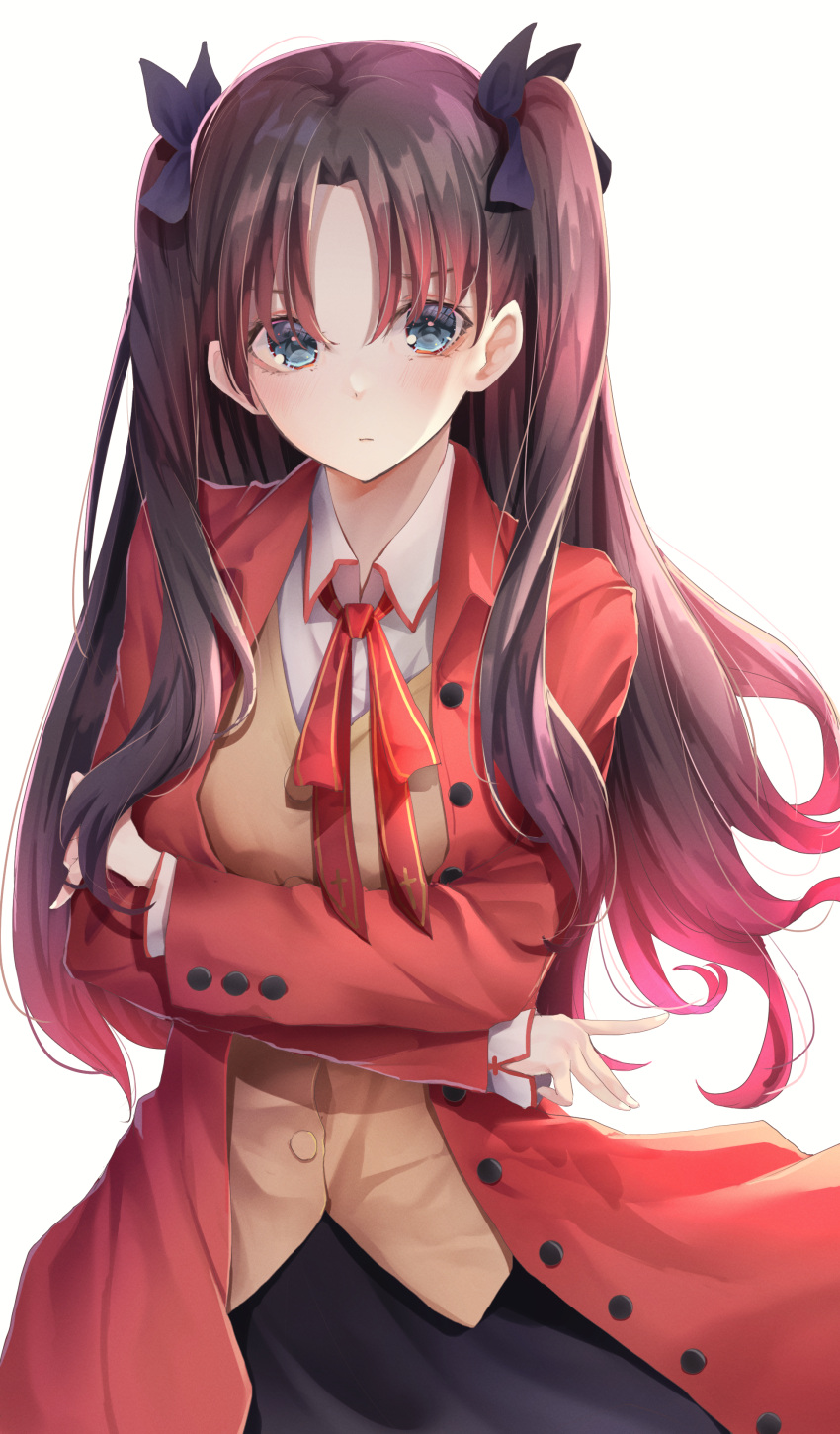 1girl absurdres bangs black_hair black_ribbon blue_eyes blush breasts closed_mouth coat collared_shirt colored_tips crossed_arms fate/stay_night fate_(series) hair_ribbon highres homurahara_academy_uniform long_hair looking_at_viewer multicolored_hair neck_ribbon red_coat red_ribbon ribbon school_uniform shirt solo tohsaka_rin two_side_up vest yellow_vest yuunamida_uyu