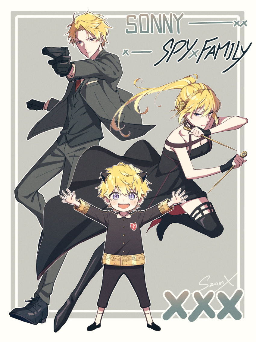 1girl 2boys a alternate_costume alternate_hairstyle anya_(spy_x_family) bangs black_dress black_gloves black_jacket black_legwear black_suit black_vest blonde_hair blue_eyes blush boots breasts character_name child cleavage cleavage_cutout closed_mouth clothing_cutout collared_jacket collared_vest commentary copyright_name crossover dress earrings family flower formal genderswap genderswap_(ftm) gloves gold_hairband grey_eyes gun hair_cones hair_flower hair_ornament hairband handgun hands_up high_heels highres holding holding_gun holding_weapon jacket jewelry knee_boots long_hair looking_at_viewer medium_breasts multiple_boys necktie nijisanji nijisanji_en open_mouth pants pistol ponytail school_uniform serious short_hair signature smile sonny_brisko spy_x_family suit szainx teeth twilight_(spy_x_family) vest virtual_youtuber weapon weapon_request yor_briar