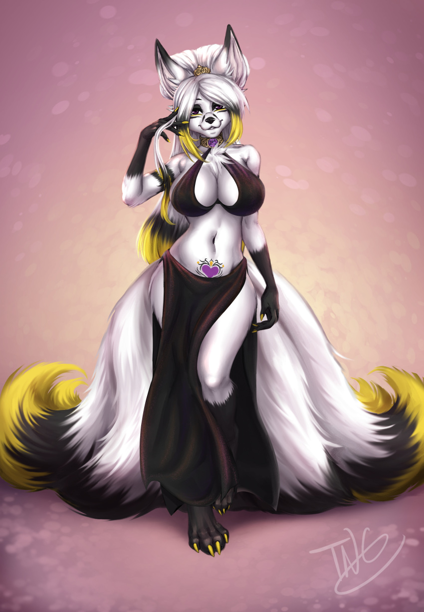 absurd_res anthro big_breasts black_body black_fur breasts canid canine clothed clothing curvy_figure digitigrade female fox fox_spirit fur hi_res hourglass_figure huge_breasts mammal mature_female mother parent seishin_yukiyama small_waist solo toxicnightcandy white_body white_fur wide_hips womb_tattoo