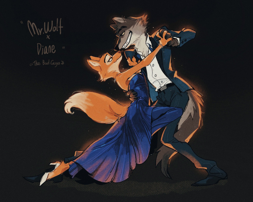 anthro canid canine canis clothing dancing diane_foxington dreamworks dress duo eye_contact female fox hi_res juanmao1997 looking_at_another male mammal mr._wolf_(the_bad_guys) the_bad_guys wolf