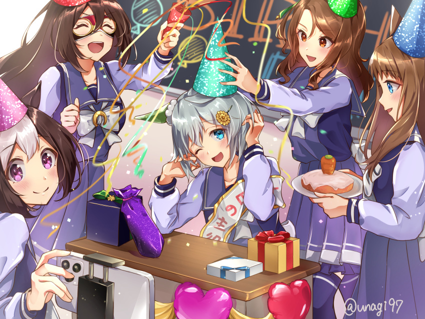 5girls ^_^ animal_ears balloon bangs birthday blush box brown_eyes brown_hair carrot cellphone chalkboard closed_eyes closed_mouth confetti desk domino_mask el_condor_pasa_(umamusume) gift gift_bag gift_box grass_wonder_(umamusume) grey_hair hair_ornament hairclip hat highres holding holding_plate horse_ears indoors king_halo_(umamusume) long_sleeves looking_at_viewer mask multicolored_hair multiple_girls one_eye_closed open_mouth party_hat party_popper phone plate purple_eyes purple_legwear purple_shirt purple_skirt sailor_collar seiun_sky_(umamusume) shirt short_hair shoulder_sash skirt smartphone smile sodemaru_unagi special_week_(umamusume) thighhighs twitter_username two-tone_hair umamusume