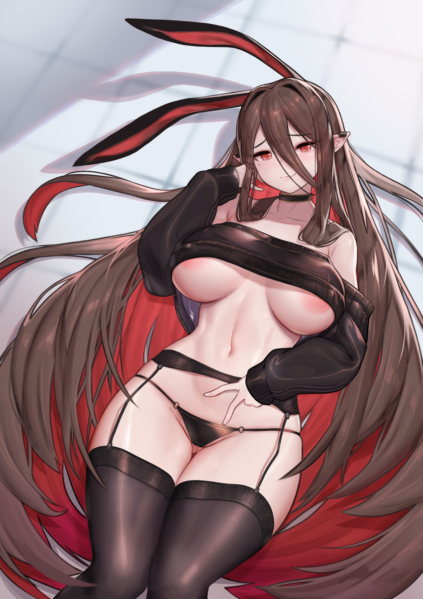1girl animal_ears areola_slip areolae artist_request ass_visible_through_thighs black_choker black_garter_belt black_legwear black_panties black_rabii blush bns_kerinyan breasts breasts_apart brown_hair choker collarbone commentary_request commission covered_nipples crop_top ear_blush ear_piercing garter_belt hair_between_eyes hair_intakes highres korean_commentary large_breasts long_hair looking_at_viewer lying mole mole_under_eye multicolored_hair navel on_back original panties parted_lips piercing pointy_ears rabbit_ears rabbit_girl red_eyes red_hair second-party_source sidelocks solo thick_thighs thigh_gap thighhighs thighs two-tone_hair underboob underwear v very_long_hair