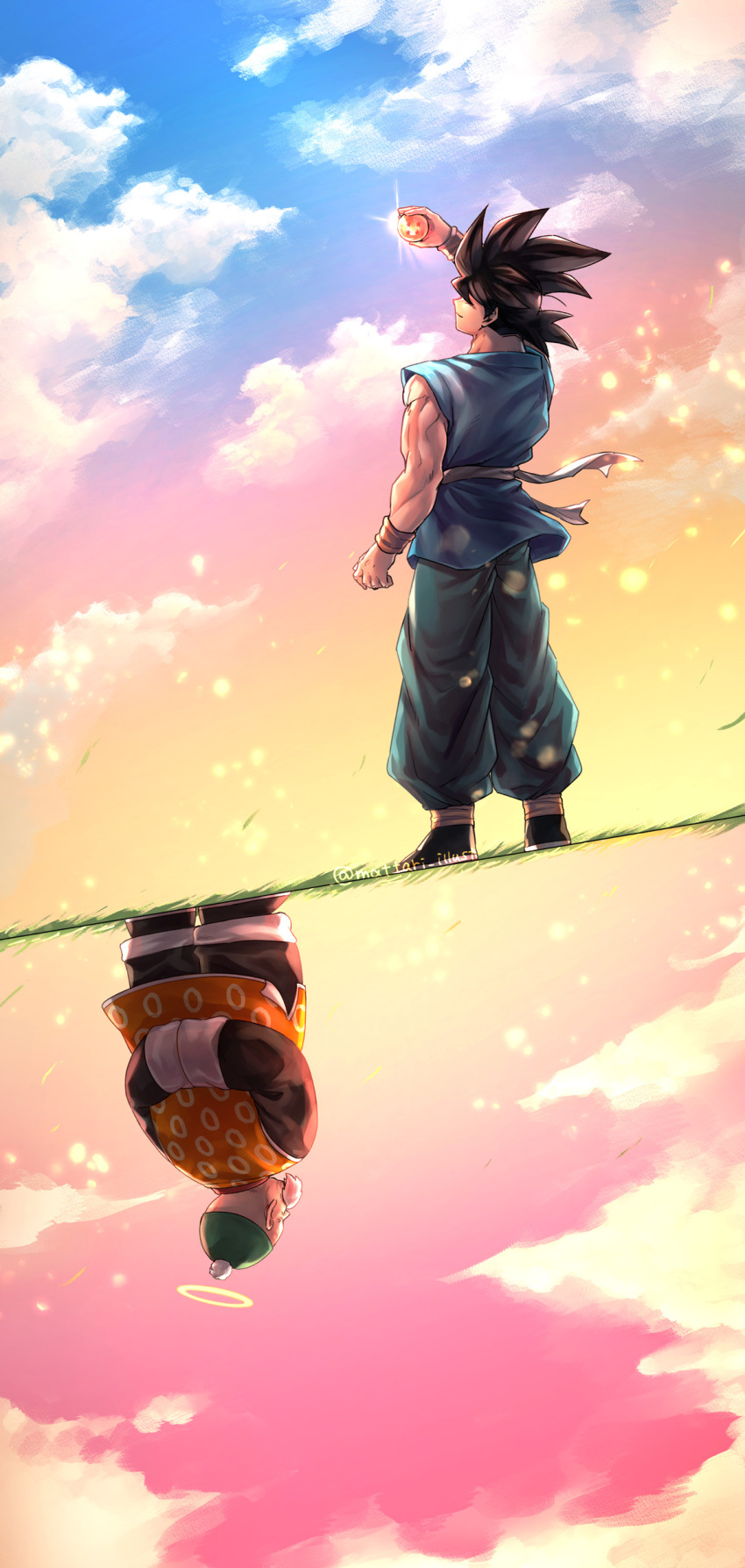 2boys absurdres aqua_pants arm_at_side arm_up arms_behind_back black_footwear black_hair black_pants blue_sky blurry bokeh chinese_clothes cloud cloudy_sky day depth_of_field dougi dragon_ball dragon_ball_(classic) dragon_ball_(object) dragon_ball_z facial_hair facing_away floating_hair from_behind full_body glint gradient gradient_sky grandpa_gohan grass green_headwear hair_over_eyes halo hat highres holding lens_flare light_particles male_focus mattari_illust multiple_boys muscular muscular_male mustache nape obi orange_sky orange_wristband outdoors pants pink_sky polka_dot pom_pom_(clothes) rotational_symmetry sash shoes side_slit sky sleeves_past_fingers sleeves_past_wrists smile son_goku spiked_hair split_screen sunset white_sash wrinkled_skin wristband yellow_sky