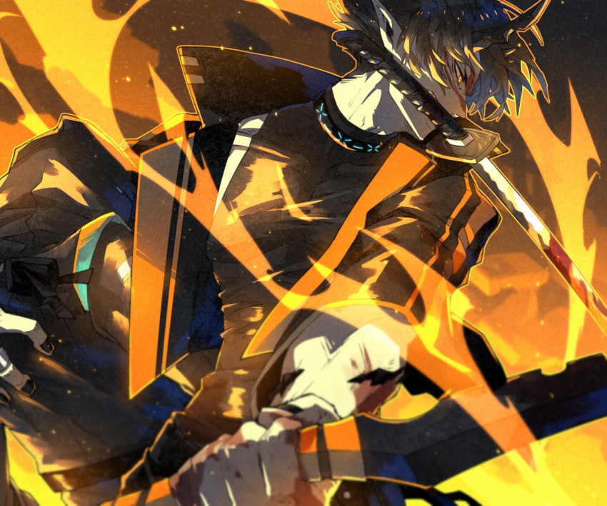 1boy 1other arknights bishounen black_hair blurry blurry_foreground commentary_request cowboy_shot doctor_(arknights) fire flame flamebringer_(arknights) infection_monitor_(arknights) katana male_focus morini_ochiteru orange_eyes pointy_ears serious short_hair solo sword teeth_hold toned toned_male weapon