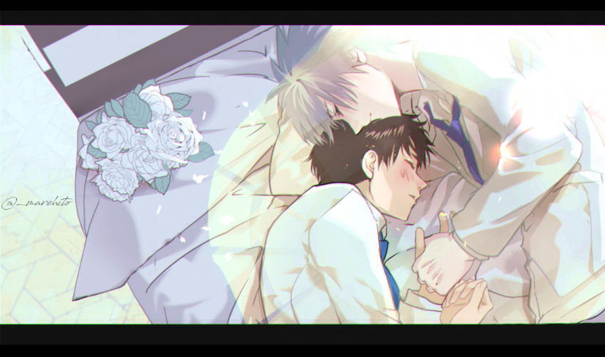 2boys bed bed_frame blue_necktie blurry bokeh bouquet brown_hair closed_eyes depth_of_field floor flower formal from_above grey_hair head_on_head head_rest holding_hands ikari_shinji jacket leaf letterboxed light_blush light_particles lying male_focus marehito messy_hair multiple_boys nagisa_kaworu necktie neon_genesis_evangelion on_bed on_side parted_lips petals profile purple_necktie rose rose_petals spiked_hair suit suit_jacket twitter_username white_flower white_jacket white_rose white_suit yaoi