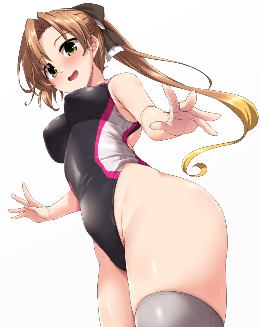 1girl akigumo_(kancolle) akigumo_kai_ni_(kancolle) alternate_costume black_ribbon black_swimsuit breasts brown_hair commentary_request competition_swimsuit covered_nipples from_below green_eyes grey_legwear hair_ribbon highleg highleg_swimsuit highres kantai_collection long_hair mole mole_under_eye multicolored_clothes multicolored_swimsuit one-piece_swimsuit ponytail purple_swimsuit ribbon small_breasts solo standing swimsuit thighhighs two-tone_ribbon white_ribbon white_swimsuit yoshi_tama