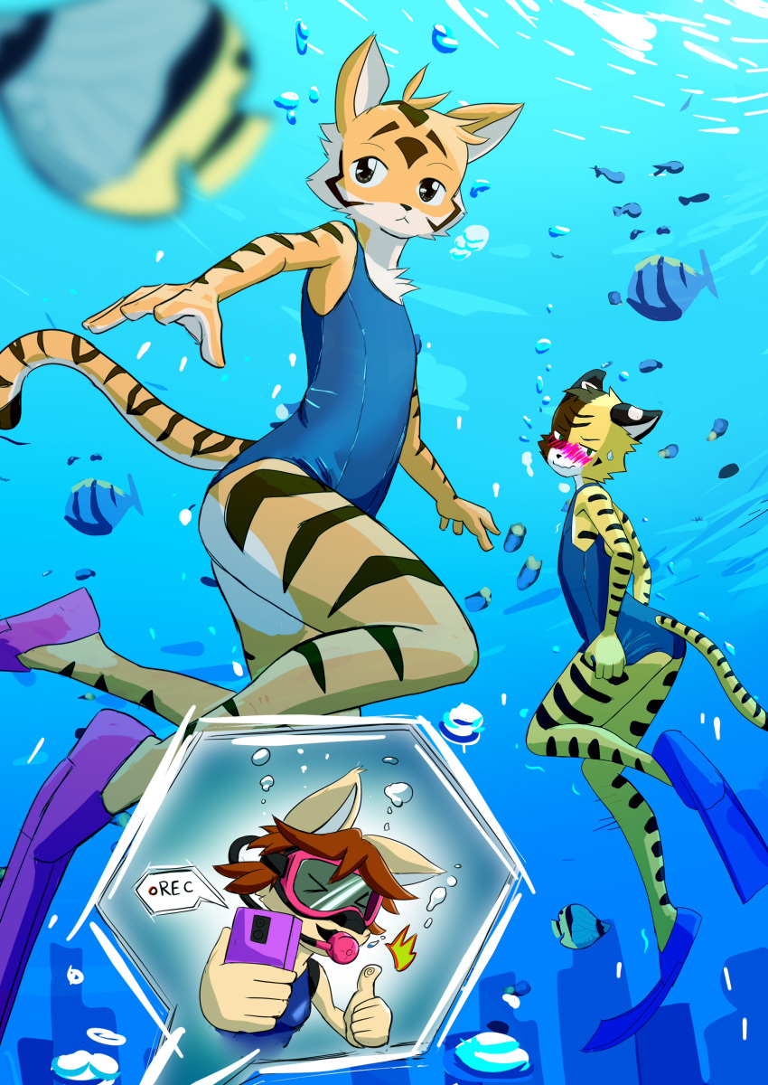 absurd_res aiden_(panzery25) anthro bubble chef_cheiro_(artist) chef_cheiro_(character) clothing diving duo felid fin hi_res male male/male mammal okane_akemi one-piece_swimsuit pantherine school_swimsuit swimming swimwear tiger underwater water