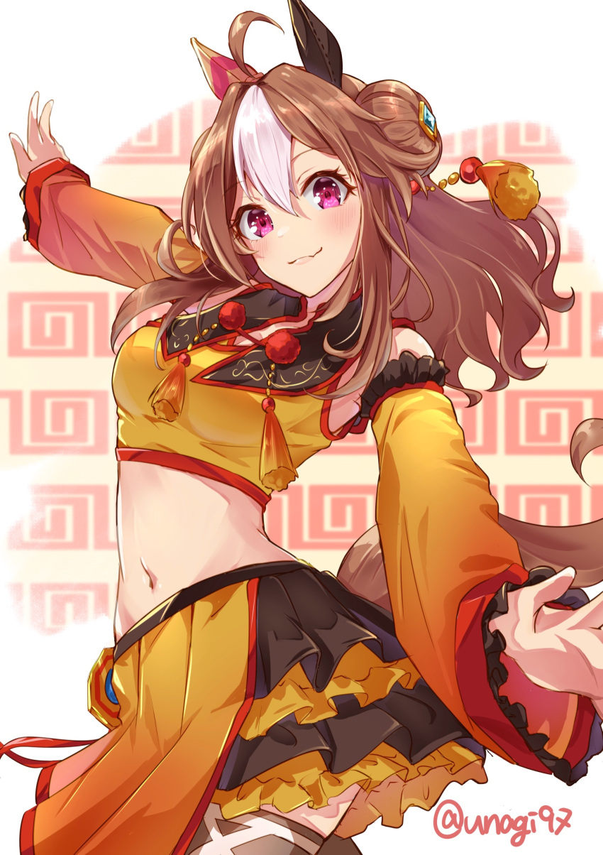 1girl ahoge animal_ears blush breasts brown_hair cleavage closed_mouth copano_rickey_(umamusume) cowboy_shot crop_top detached_sleeves double_bun fang highres horse_ears horse_girl horse_tail layered_skirt long_hair looking_at_viewer midriff multicolored_clothes multicolored_hair multicolored_skirt navel outstretched_arms purple_eyes skin_fang skirt small_breasts smile sodemaru_unagi solo spread_arms tail tank_top thighhighs twitter_username two-tone_hair umamusume