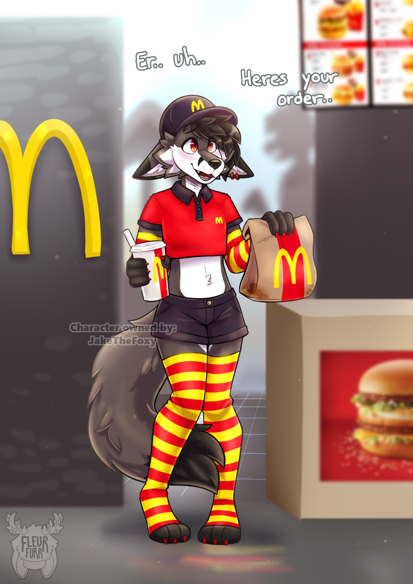 anthro beverage blush burger canid canine canis clothing crop_top domestic_dog ear_piercing fleurfurr food girly hi_res legwear male mammal mcdonald's piercing shirt soda soda_cup solo thigh_highs topwear