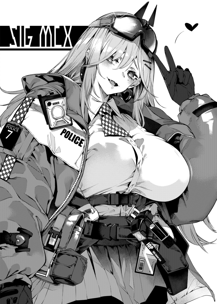 1girl ascot belt breasts character_name collared_shirt earrings eyewear_on_head girls'_frontline gloves hair_ornament hairclip heart heart_earrings highres iapoc jacket jewelry large_breasts long_hair mole mole_under_eye monochrome open_clothes open_jacket open_mouth police police_uniform safety_glasses shirt shirt_tucked_in sig_mcx_(girls'_frontline) simple_background skirt smile snap-fit_buckle solo taser uniform utility_belt