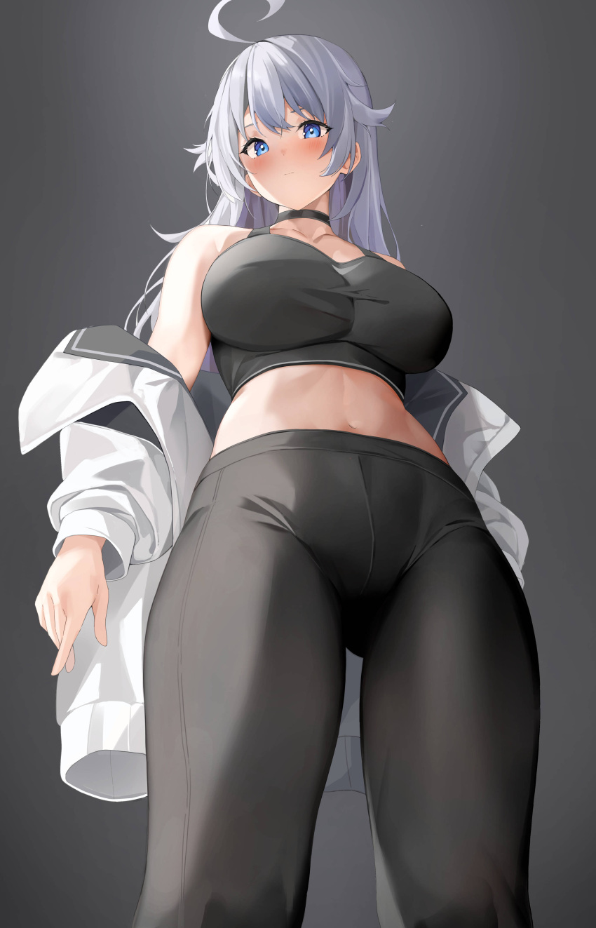 1girl absurdres ahoge bare_shoulders black_background black_choker black_pants black_shirt blue_eyes blush breasts choker commission crop_top foreshortening from_below grey_hair hair_flaps highres jacket kiro_(kirotayu) large_breasts leggings long_hair long_sleeves looking_at_viewer looking_down midriff navel off_shoulder open_clothes open_jacket original pants priana second-party_source shirt simple_background sleeveless sleeveless_shirt solo standing stomach tank_top white_jacket