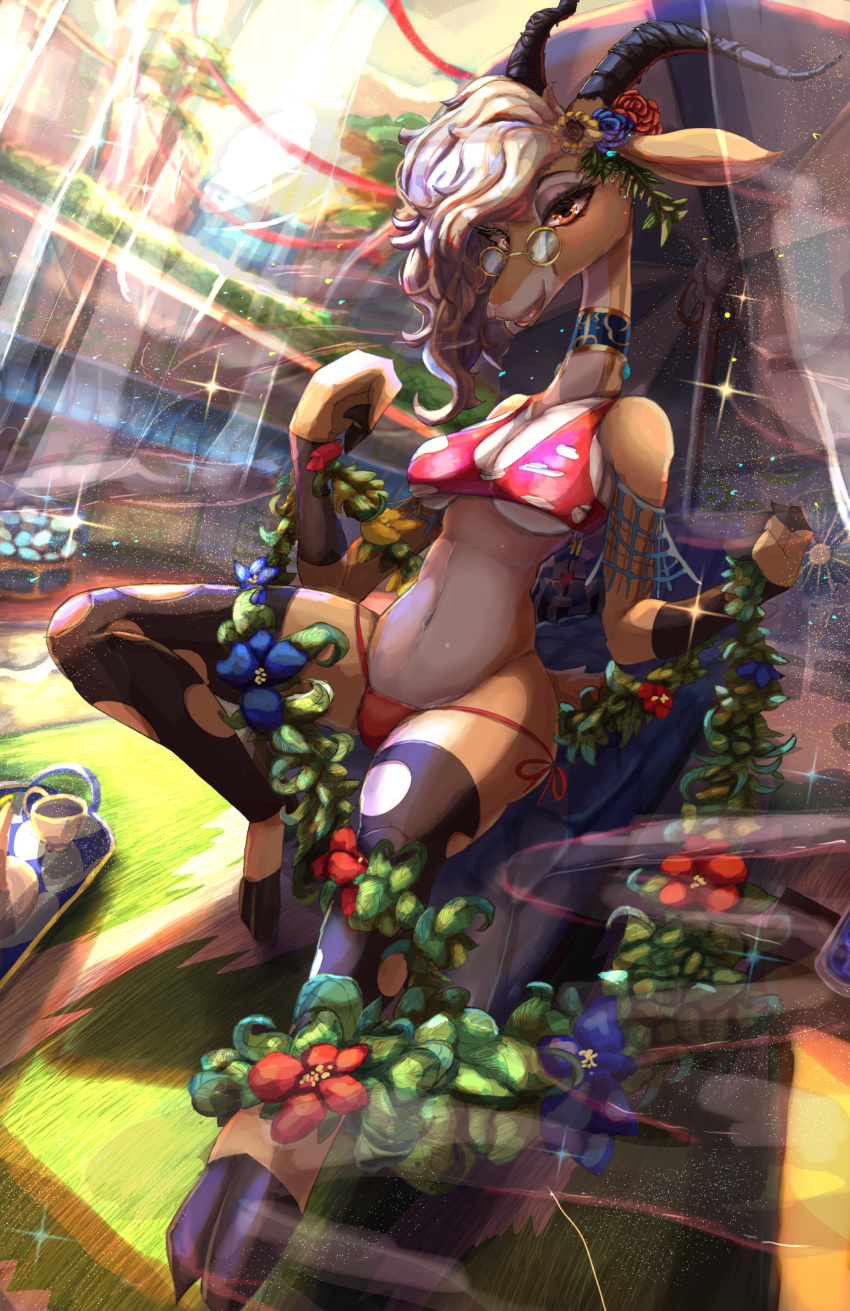2022 3_fingers absurd_res accessory amber_eyes antelope anthro big_breasts bikini blonde_hair bovid breasts choker cleavage clothed clothing detailed_background disney eyelashes eyewear female fingers flower flower_in_hair flyer_(pixiv) gazelle gazelle_(zootopia) glasses hair hair_accessory half-closed_eyes hi_res horn jewelry legwear lens_flare long_hair looking_at_viewer mammal midriff narrowed_eyes navel necklace open_mouth open_smile pink_nose plant sitting smile solo stockings swimwear thigh_highs torn_clothing torn_legwear torn_stockings under_boob zootopia
