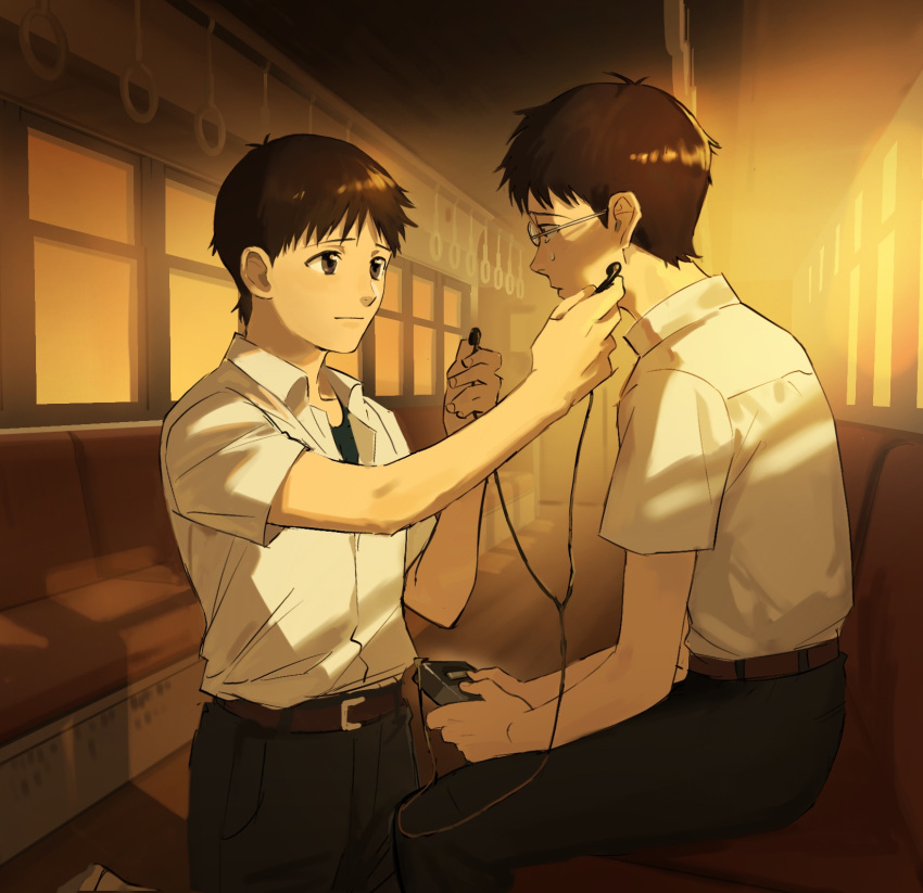 2boys backlighting belt black_pants brown_belt brown_hair cassette_player closed_mouth collarbone collared_shirt crying crying_with_eyes_open dress_shirt earbuds earphones evangelion:_3.0+1.0_thrice_upon_a_time expressionless eye_contact face-to-face father_and_son feet_out_of_frame fingernails furrowed_brow glasses grey_eyes hand_grip hands_up highres holding holding_earphones ikari_gendou ikari_shinji kneeling light_smile looking_at_another male_focus multiple_boys neon_genesis_evangelion pants parted_lips profile rebuild_of_evangelion rott_ur school_uniform seat shadow shiny shiny_hair shirt short_sleeves sitting sunlight tears time_paradox tokyo-3_middle_school_uniform train_interior undershirt white_shirt window younger