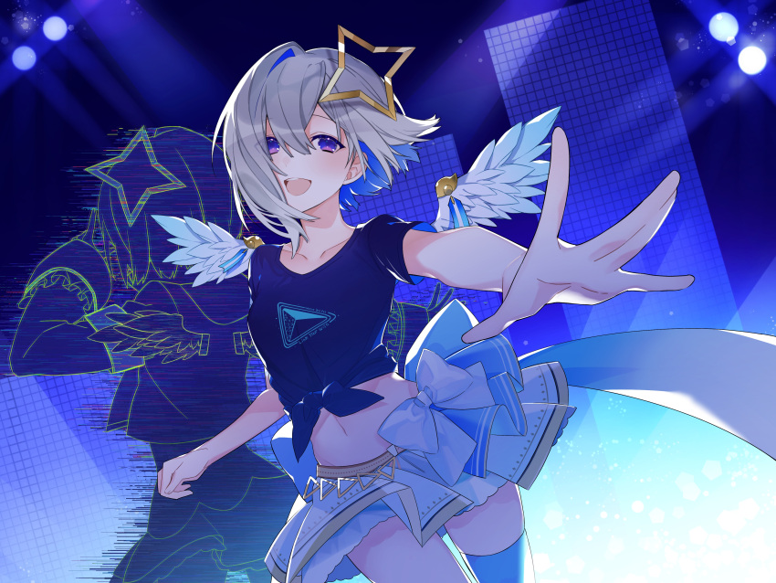 1girl :d absurdres amane_kanata angel_wings black_shirt blue_hair collarbone colored_inner_hair dual_persona feathered_wings frills grey_hair highres hologram hololive hololive_idol_uniform idol midriff miniskirt multicolored_hair navel outstretched_arm outstretched_hand purple_eyes shirt short_hair single_thighhigh skirt smile solo t-shirt thighhighs tied_shirt uehara_(dormmmmir_) virtual_youtuber wings zettai_ryouiki