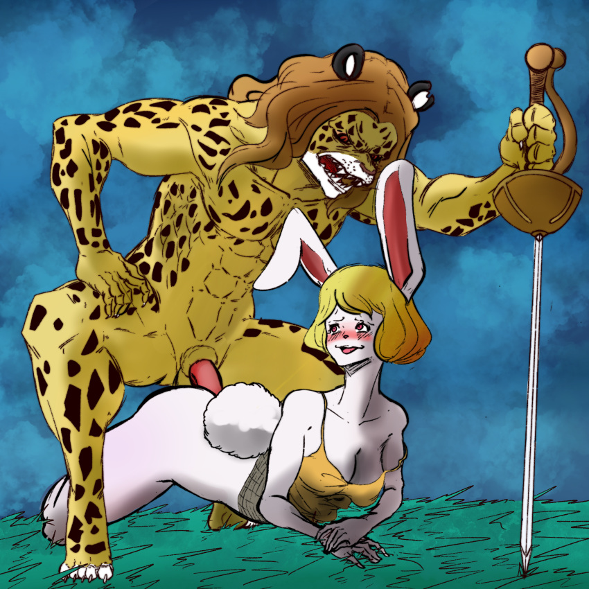 abs anthro blonde_hair blue_background blush carrot_(one_piece) claws crouching dominant dominant_male duo fangs felid female fur grass hair hi_res humanoid jaguar jumboliee lagomorph leporid male male/female mammal melee_weapon minkmen_(one_piece) muscular muscular_male nervous one_piece pantherine pedro_of_the_treetops penetration plant rabbit simple_background sword toe_claws weapon white_body white_fur yellow_body yellow_fur