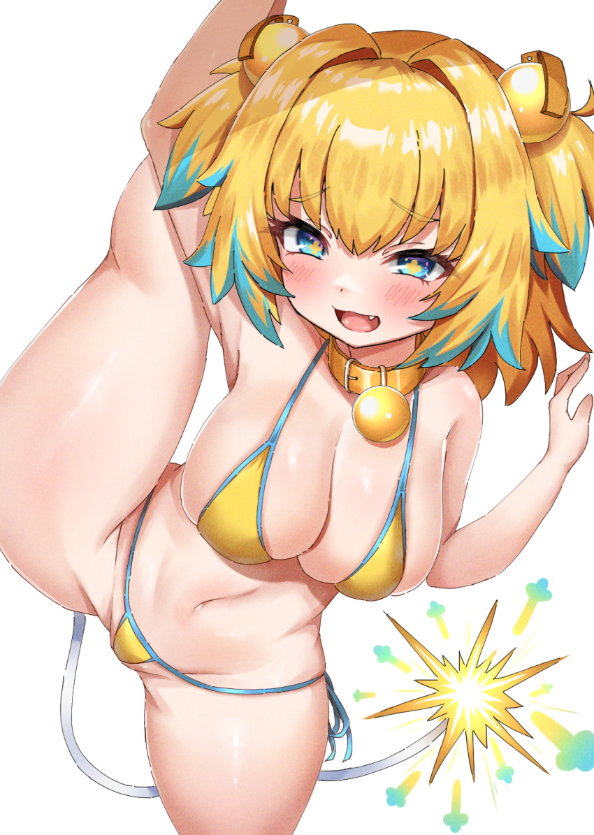 +_+ 1girl :3 :d bangs bikini blonde_hair blue_eyes blue_hair blush bombergirl breasts cleavage clover-shaped_pupils collar colored_tips eyebrows_visible_through_hair fang fuse_tail grenade_hair_ornament groin highres large_breasts looking_at_viewer multicolored_hair navel open_mouth oppai_loli pine_(bombergirl) rokita shiny shiny_skin smile split standing standing_on_one_leg standing_split swimsuit two_side_up yellow_bikini