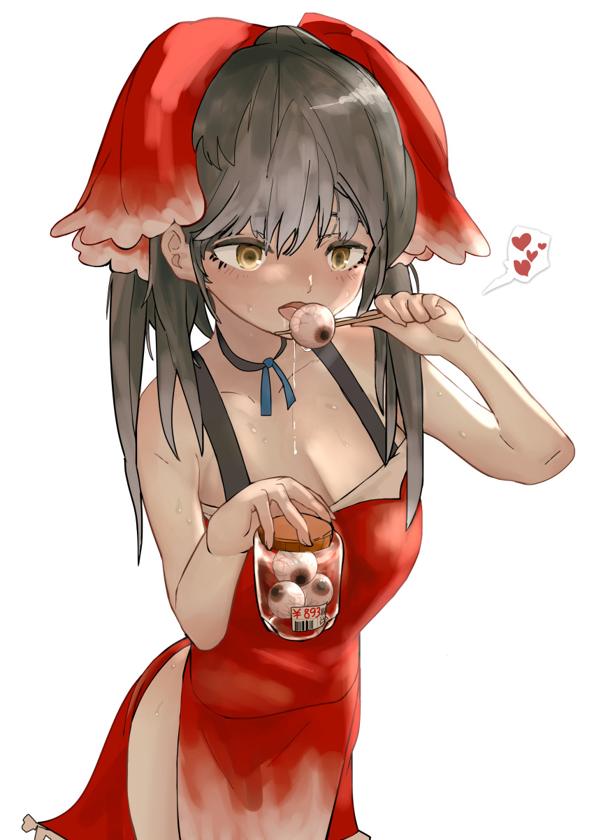 1girl absurdres bangs black_choker black_hair blush bow breasts choker cleavage commentary_request cookie_(touhou) cowboy_shot dress eating eyeball hair_bow hakurei_reimu heart highres holding holding_jar jar long_hair medium_breasts open_mouth red_bow red_dress side_slit simple_background sleeveless sleeveless_dress solo spoken_heart toaru_yuuzaa touhou transparent_background yellow_eyes yuyusu_(cookie)