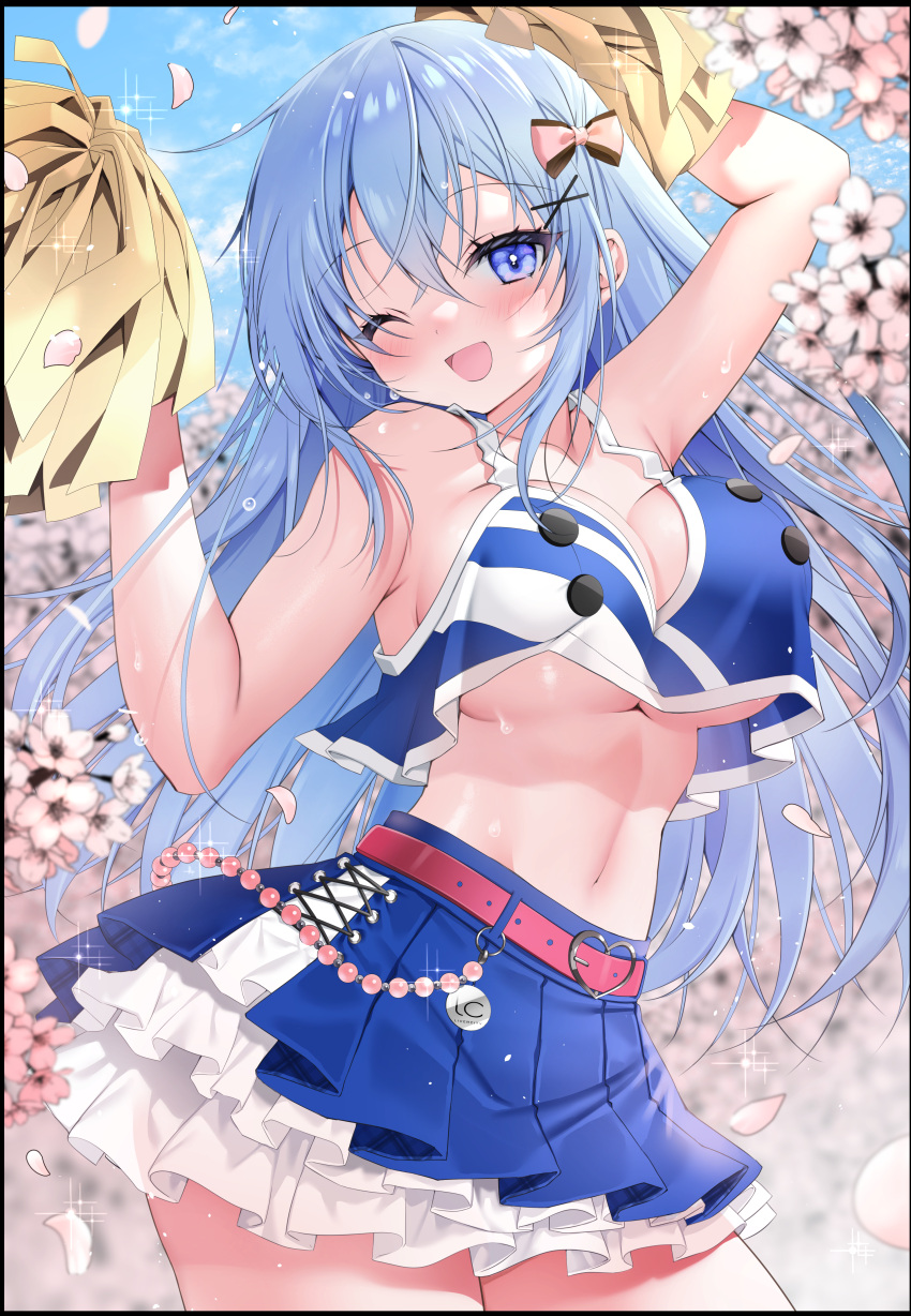 1girl ;d absurdres arms_up bangs bare_arms belt blue_eyes blue_hair blue_skirt blush bow breasts cheerleader crop_top crossed_bangs emori_miku emori_miku_project eyebrows_visible_through_hair flower frilled_skirt frills hair_between_eyes hair_bow hair_ornament highres holding holding_pom_poms large_breasts long_hair looking_at_viewer midriff miniskirt navel one_eye_closed petals pink_belt pink_flower pleated_skirt pom_pom_(cheerleading) skirt smile solo underboob very_long_hair x_hair_ornament yoruhoshi_owl