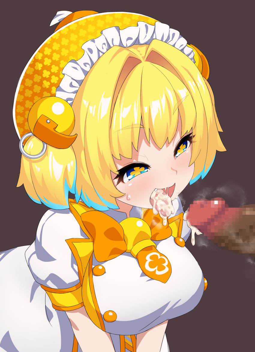 +_+ 1girl :d bangs black_background blonde_hair blue_eyes blue_hair bombergirl breasts censored clover-shaped_pupils clover_print colored_tips cum cum_in_mouth cum_on_tongue ejaculation erection fang grenade_hair_ornament highres large_breasts looking_at_penis mizumizuni mosaic_censoring multicolored_hair open_mouth oral orange_headwear penis pine_(bombergirl) saliva short_hair short_sleeves simple_background smile solo_focus sweatdrop tongue tongue_out two-tone_hair two_side_up yellow_pupils