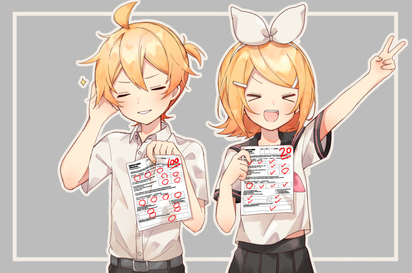 &gt;_&lt; 1boy 1girl arm_up bangs belt black_sailor_collar black_skirt blonde_hair bow bow_hairband closed_eyes collared_shirt commentary dress_shirt framed_image grey_background grin hair_bow hair_ornament hairband hairclip hand_in_own_hair highres holding holding_paper kagamine_len kagamine_rin neckerchief open_mouth outstretched_arm paper pink_neckerchief pleated_skirt sailor_collar sazanami_(ripple1996) school_uniform shirt short_hair short_ponytail short_sleeves skirt smile smug sparkle spiked_hair swept_bangs test upper_body v v-shaped_eyebrows vocaloid white_bow white_shirt