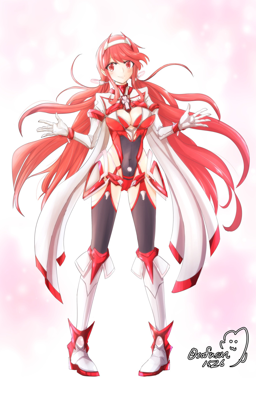 1girl absurdres breasts chest_jewel cleavage_cutout clothing_cutout drawing elbow_gloves gloves headpiece highres large_breasts long_hair prototype pyra_(xenoblade) pyra_(xenoblade)_(prototype) red_eyes simple_background sofusan1526 solo twintails very_long_hair white_background xenoblade_chronicles_(series) xenoblade_chronicles_2
