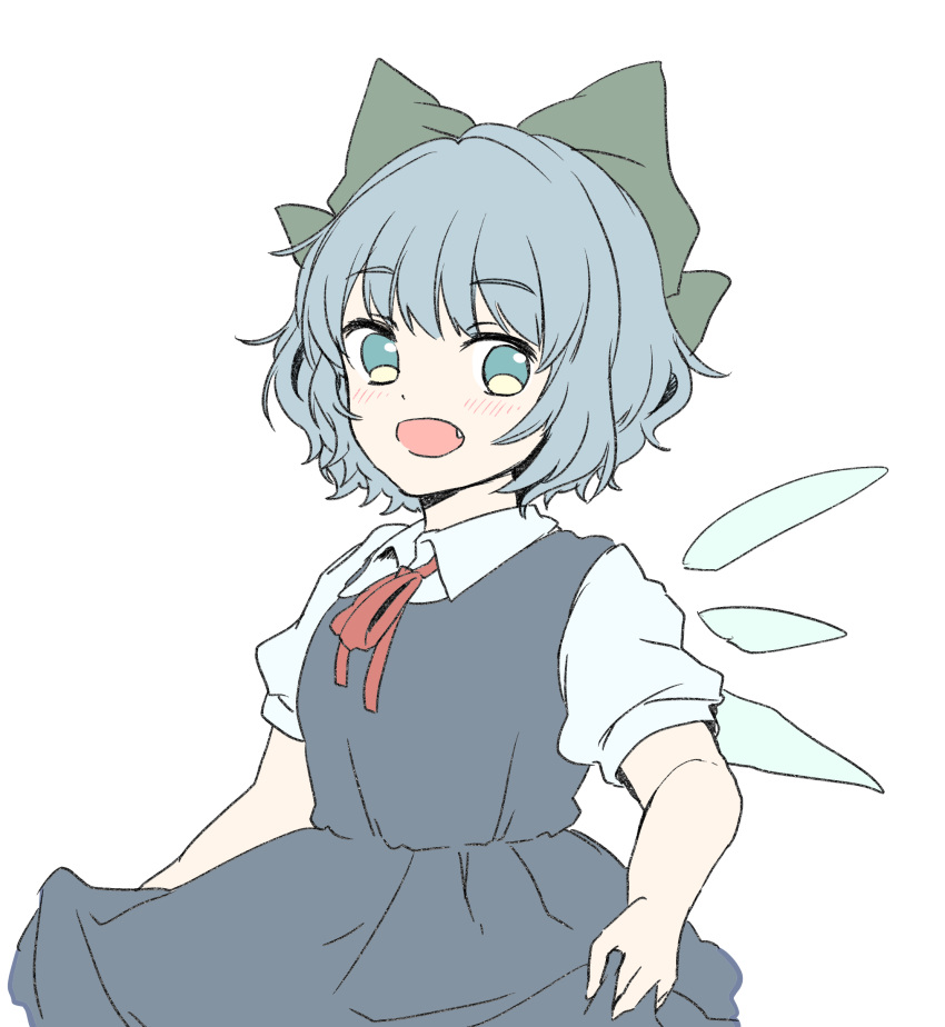 1girl :d absurdres bangs blue_dress blue_eyes blue_hair blush bow cirno collared_shirt dress eyebrows_visible_through_hair fairy_wings fang green_bow hair_bow highres kuromame_(8gou) looking_at_viewer neck_ribbon open_mouth pinafore_dress puffy_short_sleeves puffy_sleeves red_ribbon ribbon shirt short_hair short_sleeves simple_background smile solo touhou upper_body white_background white_shirt wings
