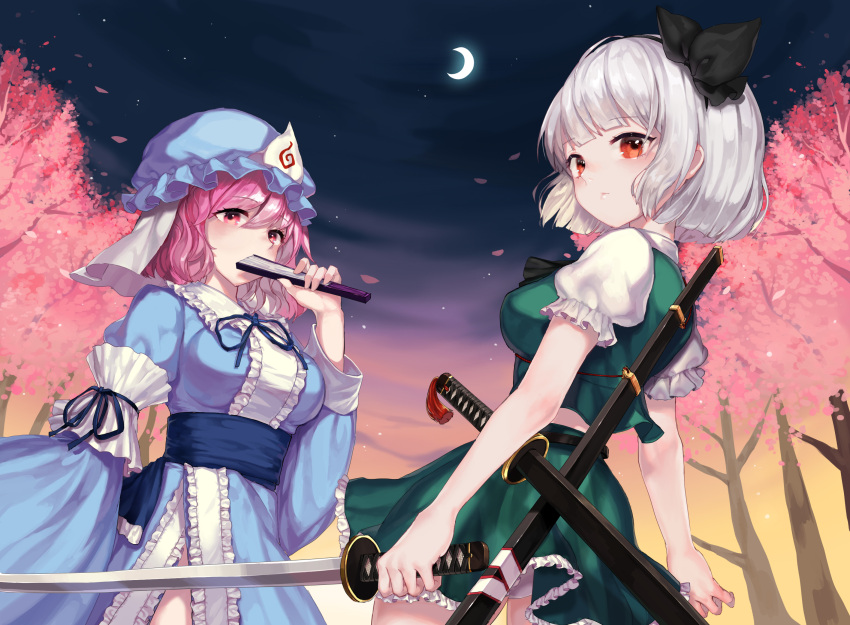 2girls bangs black_hairband blue_headwear blue_kimono breasts cherry_blossoms closed_mouth crescent_print folding_fan gradient_sky green_skirt green_vest grey_hair hairband hand_fan hat highres holding holding_fan holding_sword holding_weapon japanese_clothes kimono konpaku_youmu long_sleeves looking_at_viewer mob_cap multiple_girls multiple_swords night orchid_(pixiv3730518) outdoors pink_hair red_eyes saigyouji_yuyuko shirt short_hair skirt sky sword touhou tree vest weapon white_shirt wide_sleeves