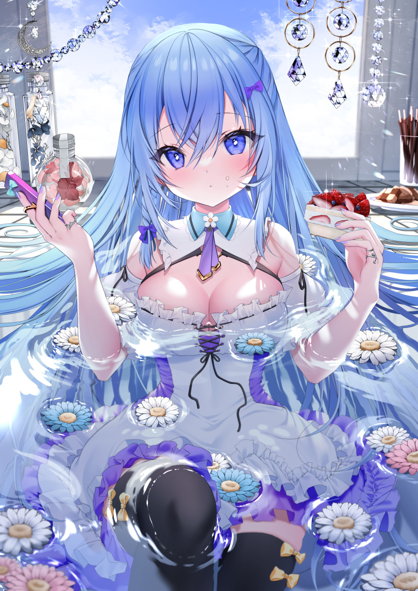 1girl absurdres bangs black_legwear blue_eyes blue_flower blue_hair blush bottle bow breasts cellphone dress emori_miku emori_miku_project eyebrows_visible_through_hair flower food food_on_face frilled_dress frills hair_between_eyes hair_bow highres holding holding_food holding_phone indoors jewelry long_hair looking_at_viewer medium_breasts nail_polish partially_submerged phone pink_flower purple_bow purple_nails ring smartphone solo strawberry_shortcake thighhighs very_long_hair water white_dress white_flower yoruhoshi_owl