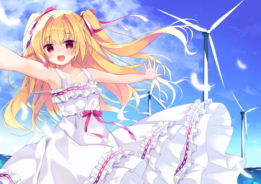 1girl :d bare_arms bare_shoulders blonde_hair blue_sky blush cloud cloudy_sky collarbone commentary_request commission day dress feathers frilled_dress frills hair_intakes hair_ribbon horizon irotoridori_no_sekai long_hair nikaidou_shinku ocean outdoors outstretched_arms purinpurin red_eyes red_ribbon ribbon ribbon-trimmed_dress skeb_commission sky sleeveless sleeveless_dress smile solo spread_arms sundress two_side_up very_long_hair water white_dress white_feathers wind_turbine