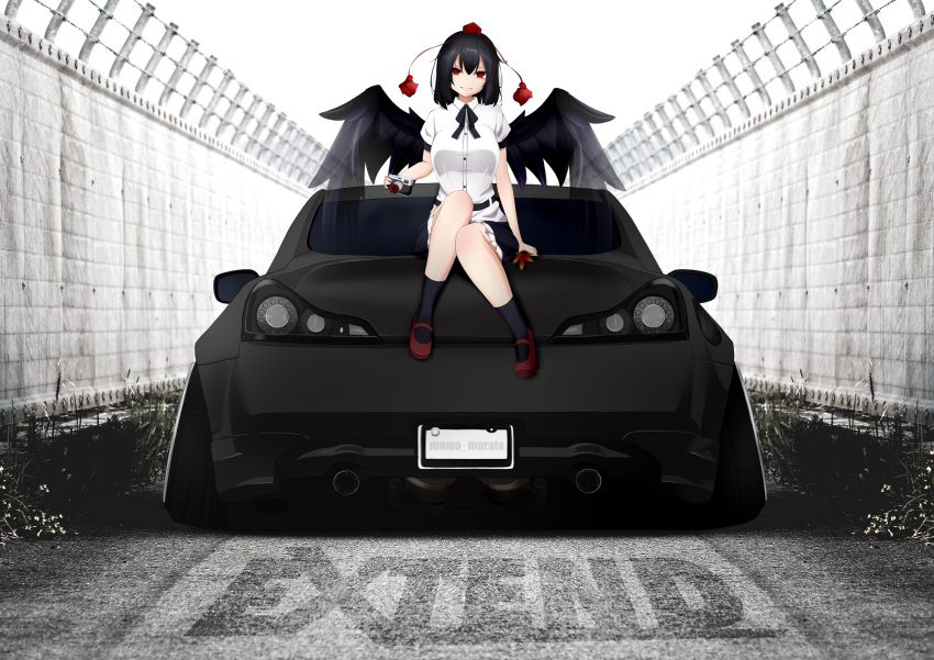 1girl black_hair black_skirt black_wings car grin ground_vehicle hat highres looking_at_viewer mamo_murata motor_vehicle nissan_skyline puffy_short_sleeves puffy_sleeves red_eyes shameimaru_aya shirt short_hair short_sleeves sitting skirt smile solo tokin_hat touhou white_shirt wings