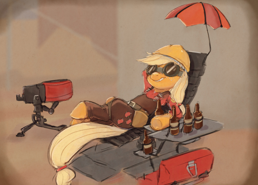 2021 anonymous_artist applejack_(mlp) armor beer_bottle blonde_hair bottle chair cosplay digital_media_(artwork) engineer_(team_fortress_2) eyewear female feral friendship_is_magic furniture goggles hair hard_hat headgear helmet hi_res lying my_little_pony sentry_gun_(team_fortress_2) simple_background smile solo team_fortress_2 valve video_games