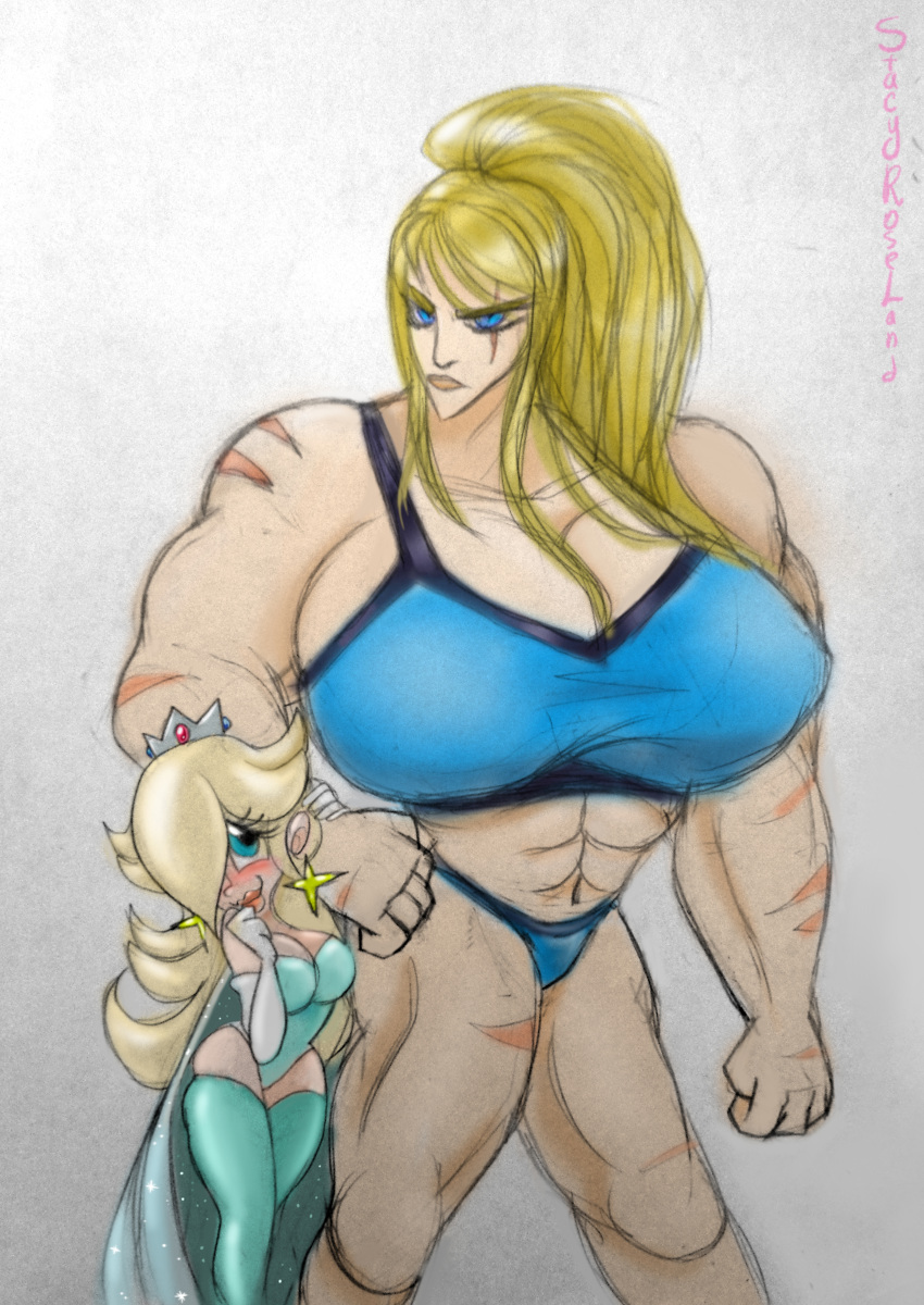 abs absurd_res big_breasts bikini blonde_hair blush bra breasts clothing duo ear_piercing ear_ring female female/female hair hi_res human human_only legwear mammal mario_bros metroid muscular muscular_female nintendo not_furry piercing princess rosalina_(mario) royalty samus_aran scar shy size_difference skinny sports_bra stacyroseland stockings super_mario_galaxy swimwear underwear video_games