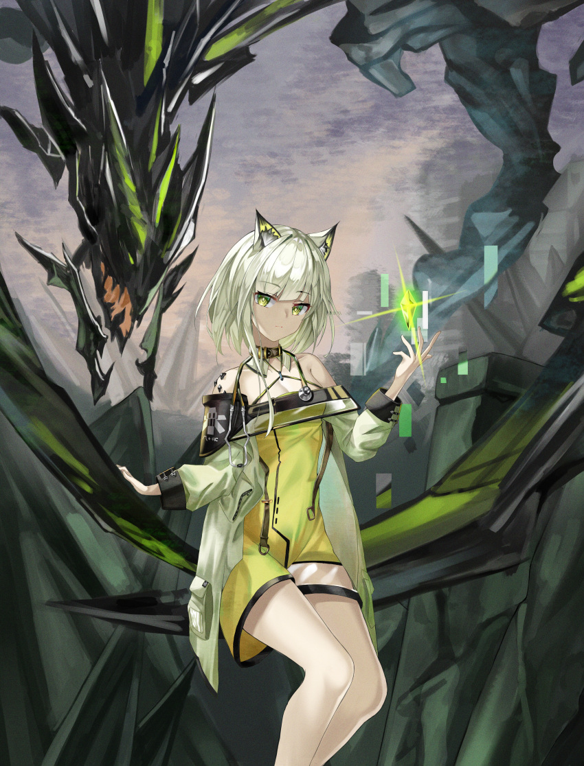 1girl absurdres animal_ear_fluff animal_ears arknights bangs bare_legs bare_shoulders blunt_bangs breasts cat_ears cleavage closed_mouth cloud cloudy_sky coat crystal day dress eyebrows_visible_through_hair feet_out_of_frame floating floating_object green_dress green_eyes green_hair highres kal'tsit_(arknights) kd_(kdh45689) lens_flare long_sleeves looking_at_viewer mon3tr_(arknights) monster open_clothes open_coat oripathy_lesion_(arknights) outdoors rock see-through short_dress short_hair sitting sky small_breasts solo white_coat