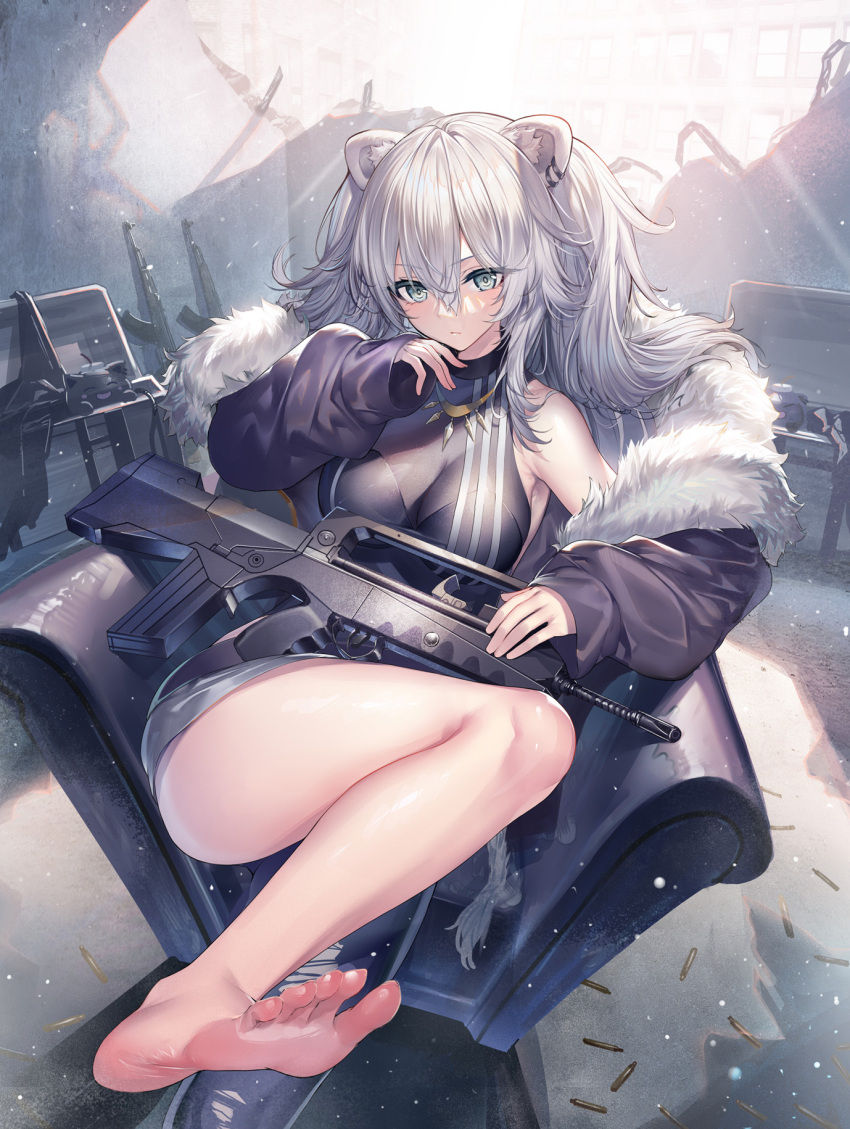 1girl ak-47 animal_ears armpits assault_rifle bare_legs bare_shoulders barefoot black_jacket black_shirt black_skirt breasts bullpup chair earrings feet fur_trim grey_eyes grey_hair gun hand_up heirou highres hololive jacket jewelry kalashnikov_rifle large_breasts leg_up lion_ears long_hair long_sleeves looking_at_viewer miniskirt necklace off_shoulder open_clothes open_jacket puffy_sleeves rifle shirt shishiro_botan sitting skirt sleeveless sleeveless_shirt solo thighs two_side_up virtual_youtuber weapon weapon_request