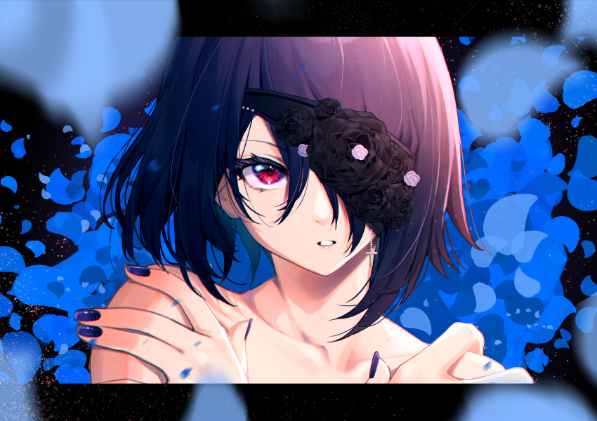 1girl aogiri_koukou_game_club bangs black_flower black_rose flower hair_over_one_eye hands_on_own_shoulders hands_up highres looking_at_viewer mikan_(chipstar182) nail_polish otodama_tamako parted_lips petals portrait purple_hair red_eyes rose short_hair solo virtual_youtuber