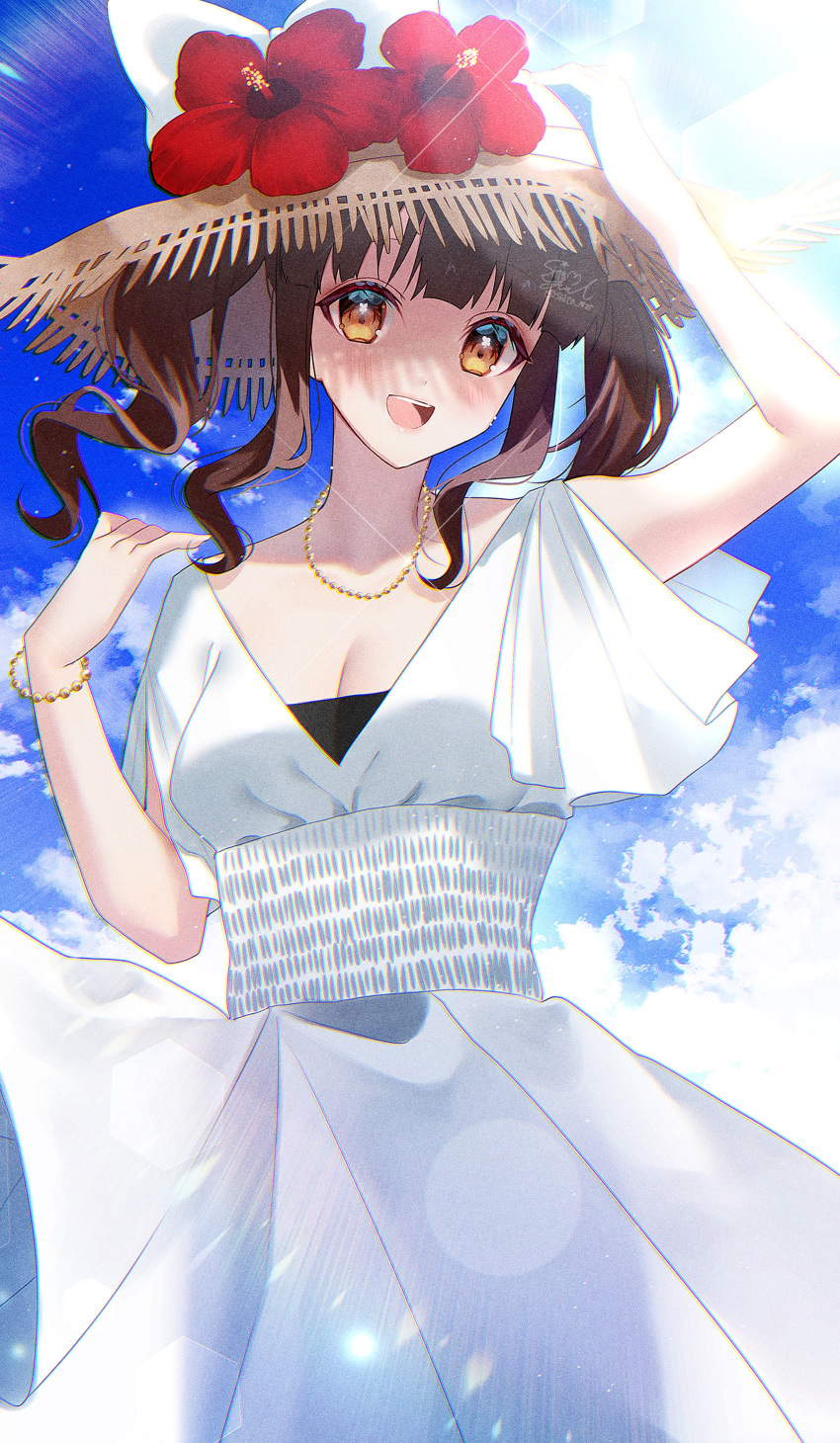 1girl :d absurdres blue_sky blush breasts brown_hair cleavage cloud dress hat highres idolmaster idolmaster_cinderella_girls lens_flare looking_at_viewer ogata_chieri outdoors sky smile solo straw_hat sunlight twintails wavy_hair white_dress yuuyu_(moco20111115)