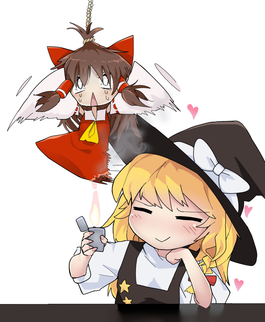 2girls absurdres ascot bangs black_headwear black_vest blonde_hair blush bow braid brown_hair burning closed_eyes closed_mouth commentary_request cookie_(touhou) dress eyebrows_visible_through_hair full_body hair_between_eyes hair_bow hair_tubes hakurei_reimu hat hat_bow head_rest heart highres kirisame_marisa lighter minigirl motion_blur multiple_girls open_mouth red_bow red_dress sadism sakenomi_(cookie) scared shirt side_braid simple_background single_braid sleeveless sleeveless_dress sleeves_past_fingers sleeves_past_wrists smile smoke star_(symbol) suzu_(cookie) toaru_yuuzaa touhou transparent_background upper_body vest white_bow white_shirt witch_hat yellow_ascot