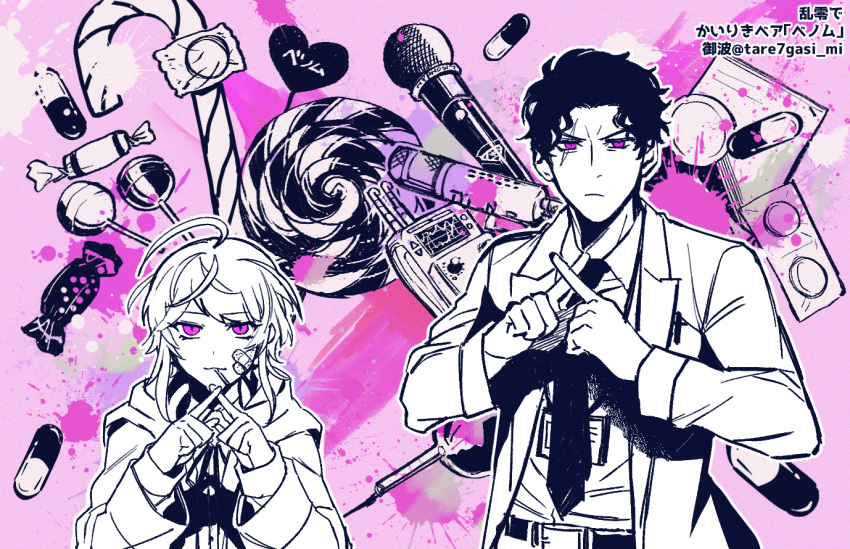 2boys amayado_rei amemura_ramuda bandaid bandaid_on_face bangs black_hair candy closed_mouth eyebrows_visible_through_hair food hypnosis_mic jacket lollipop microphone monochrome multiple_boys parody pill pink_background short_hair style_parody tare7gasi_mi venom_(vocaloid)