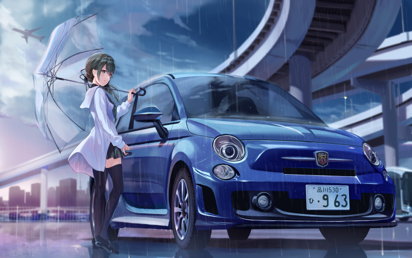 1girl bangs black_legwear blush building car cityscape closed_mouth coat commentary eyebrows_visible_through_hair fence fiat_500 green_eyes green_hair green_neckerchief green_skirt ground_vehicle hair_ribbon highres highway hinamizawa_kurumi holding holding_umbrella kneehighs license_plate looking_to_the_side motor_vehicle neckerchief outdoors plaid plaid_skirt png_pant_(bus) pygmalion._(group) rain reflection ribbon school_uniform serafuku shoes skirt smile solo standing thighhighs umbrella virtual_youtuber white_coat zettai_ryouiki