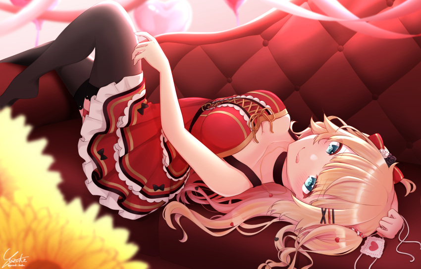 1girl akai_haato black_choker black_legwear blonde_hair blue_eyes blush breasts choker cleavage commentary dress eyebrows_visible_through_hair eyepatch eyepatch_removed eyes_visible_through_hair hair_ornament heart heart_hair_ornament highres hololive large_breasts looking_at_viewer lying on_back red_dress thighhighs tongue tongue_out twintails virtual_youtuber x_hair_ornament yuzuki_koebu