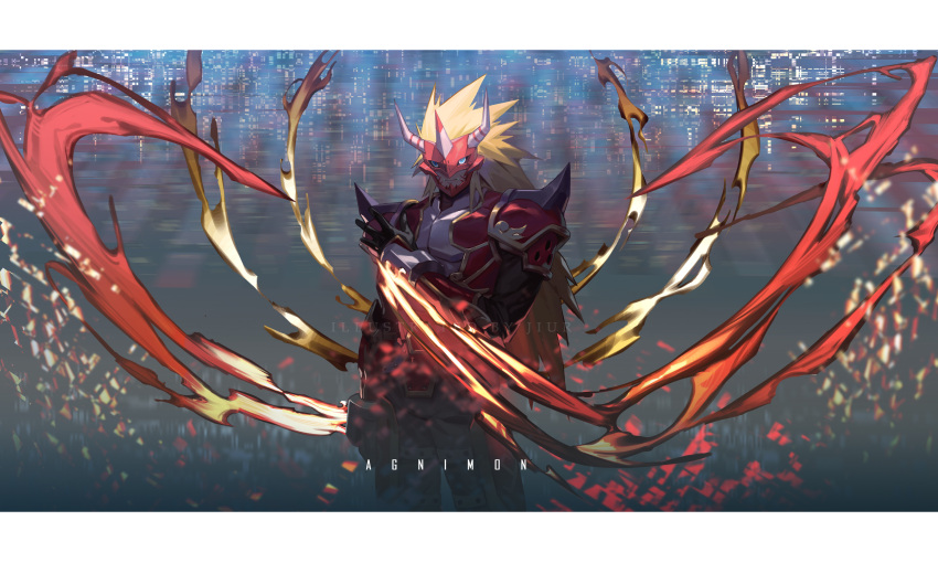 1boy absurdres agnimon armor black_gloves blonde_hair blue_eyes character_name commentary cropped_legs digimon digimon_(creature) digimon_frontier fangs fire gloves highres horns jiuri_jiuhao long_hair male_focus mask open_hand red_armor solo spiked_hair