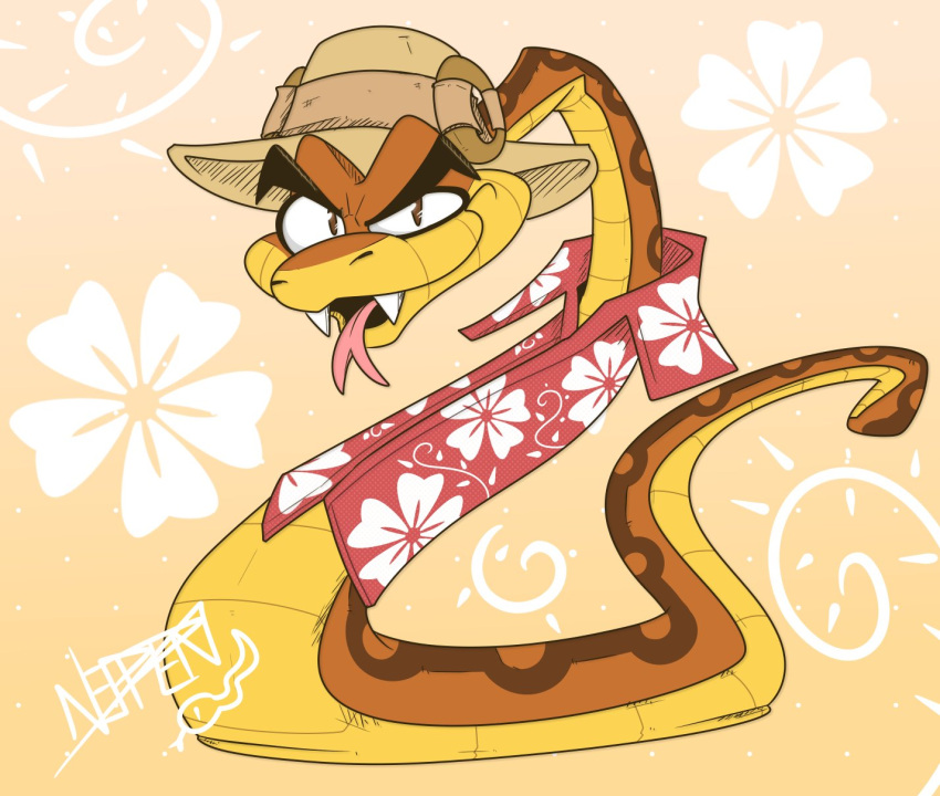 2022 aloha_shirt anthro brown_body brown_scales clothing dreamworks eyebrows feral flower_pattern hat headgear headwear hi_res looking_at_viewer male mr._snake_(the_bad_guys) nepptenio pattern_clothing pattern_shirt pattern_topwear red_clothing red_shirt red_topwear reptile scales scalie shirt signature simple_background snake snake_tongue solo sun_pattern the_bad_guys thick_eyebrows tongue tongue_out topwear warm_colors watermark