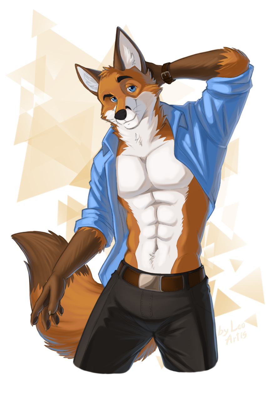 2022 5_fingers absurd_res anthro belt blue_eyes bottomwear canid canine clothed clothing eyebrows fingers fox fur gradient_background hi_res leo-artis male mammal pants raised_eyebrow scott_(scottthefox94) signature simple_background smile solo topless topless_anthro topless_male triangle_(shape)