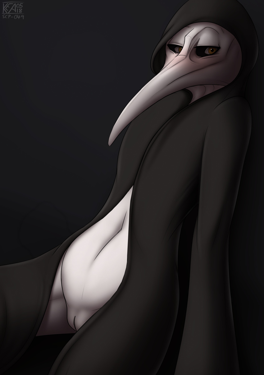 2018 absurd_res andromorph anthro avian black_clothing bone brown_eyes clothed clothing creepy digital_media_(artwork) genitals grey_background grey_nipples hi_res intersex keadonger looking_at_viewer mask navel nipples pale_skin plague_doctor pussy scp-049 scp_foundation shaded simple_background solo