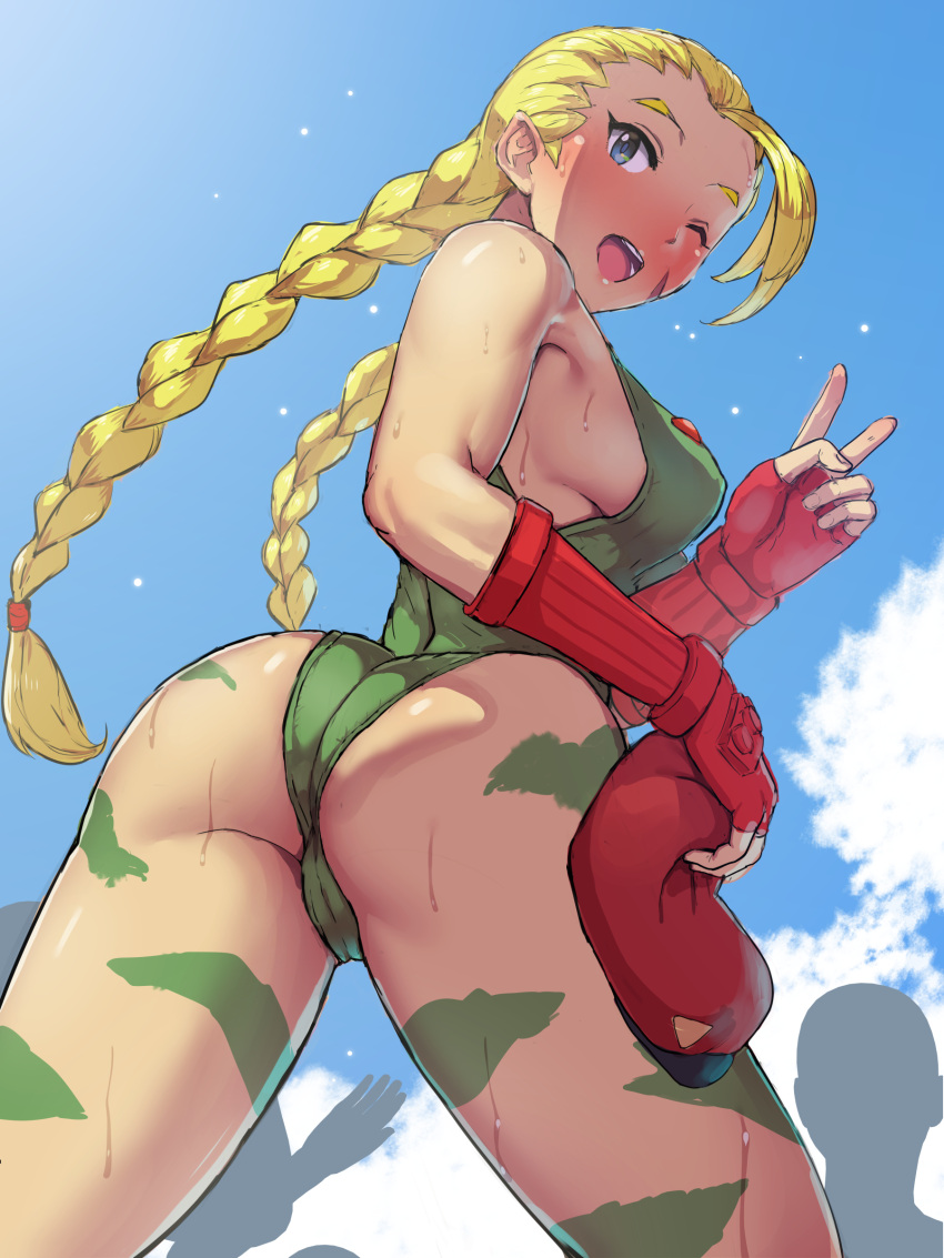 absurdres ahoge ass bare_shoulders beret blonde_hair blue_eyes blue_sky blush bodypaint boris_(noborhys) braid breasts cammy_white camouflage commentary_request crotch_seam day fingerless_gloves from_behind from_below gloves green_leotard hair_slicked_back hat hat_removed headwear_removed highres holding holding_clothes huge_ahoge legs_apart leotard long_hair looking_at_viewer looking_back looking_down medium_breasts one_eye_closed open_mouth outdoors scar scar_on_cheek scar_on_face sideboob silhouette sky sleeveless smile solo_focus standing street_fighter street_fighter_ii_(series) sweat twin_braids twisted_torso very_long_hair