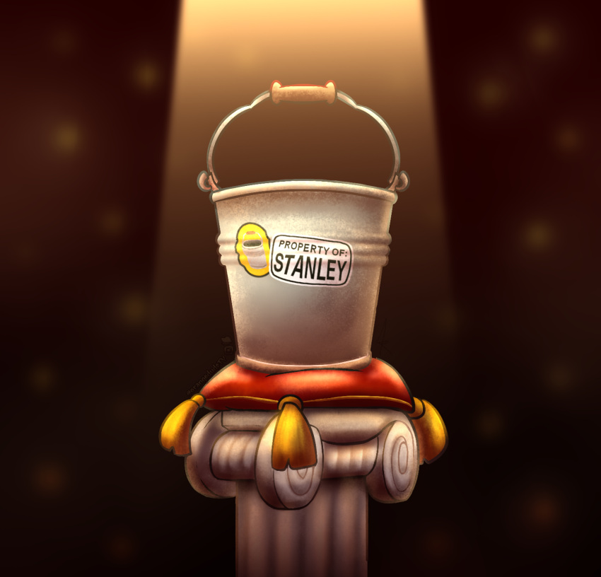 ambiguous_gender bucket container hi_res inanimate_object orange_dude pillar pillow reassurance_bucket spotlight sticker tassle text the_stanley_parable