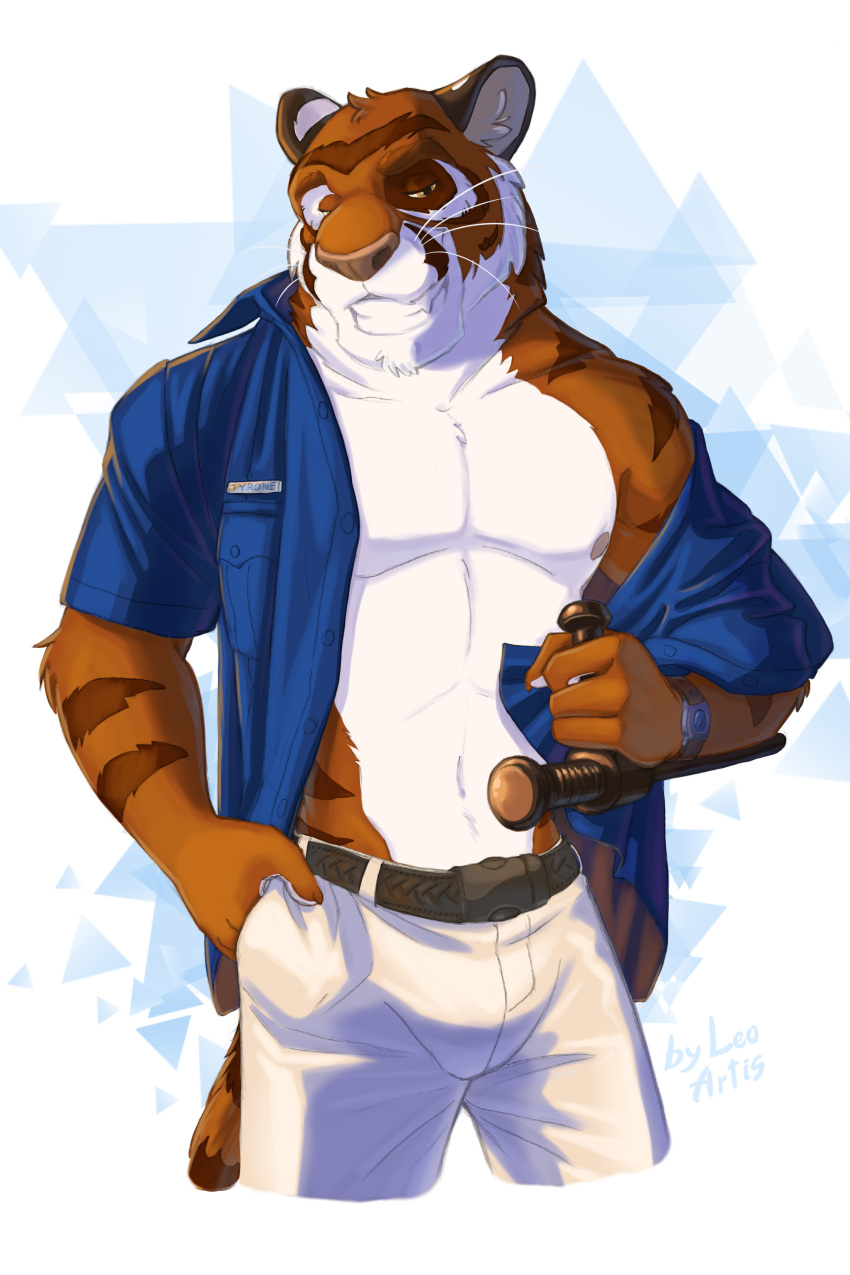 aaron_tyrone absurd_res anthro clothed clothing felid hi_res leo-artis male mammal open_clothing open_shirt open_topwear pantherine police police_officer police_uniform shirt solo tiger topwear uniform